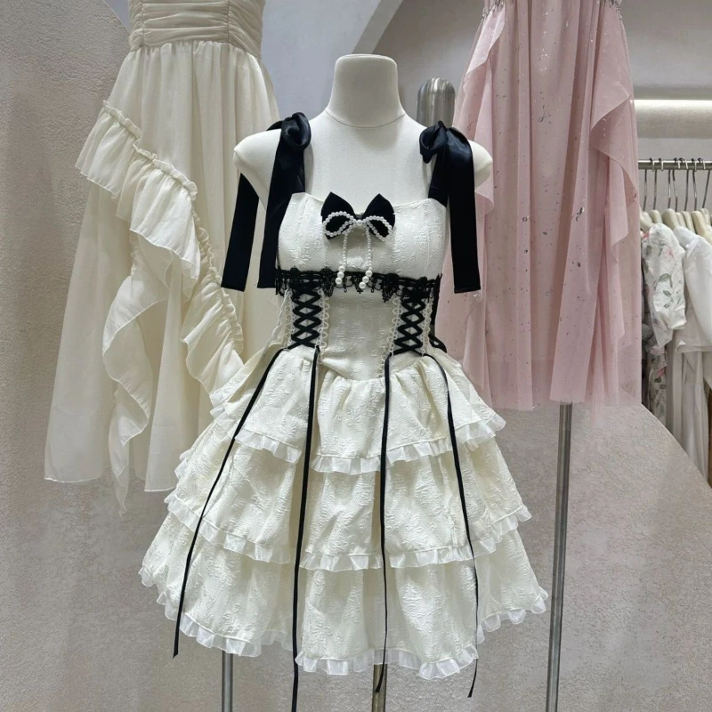 Japanese Style Kawaii Lolita Jsk Dress Women Vintage Sweet Lace Bow Ruffles Tiered Cake Dresses Harajuku Y2k Slim Bandage Dress