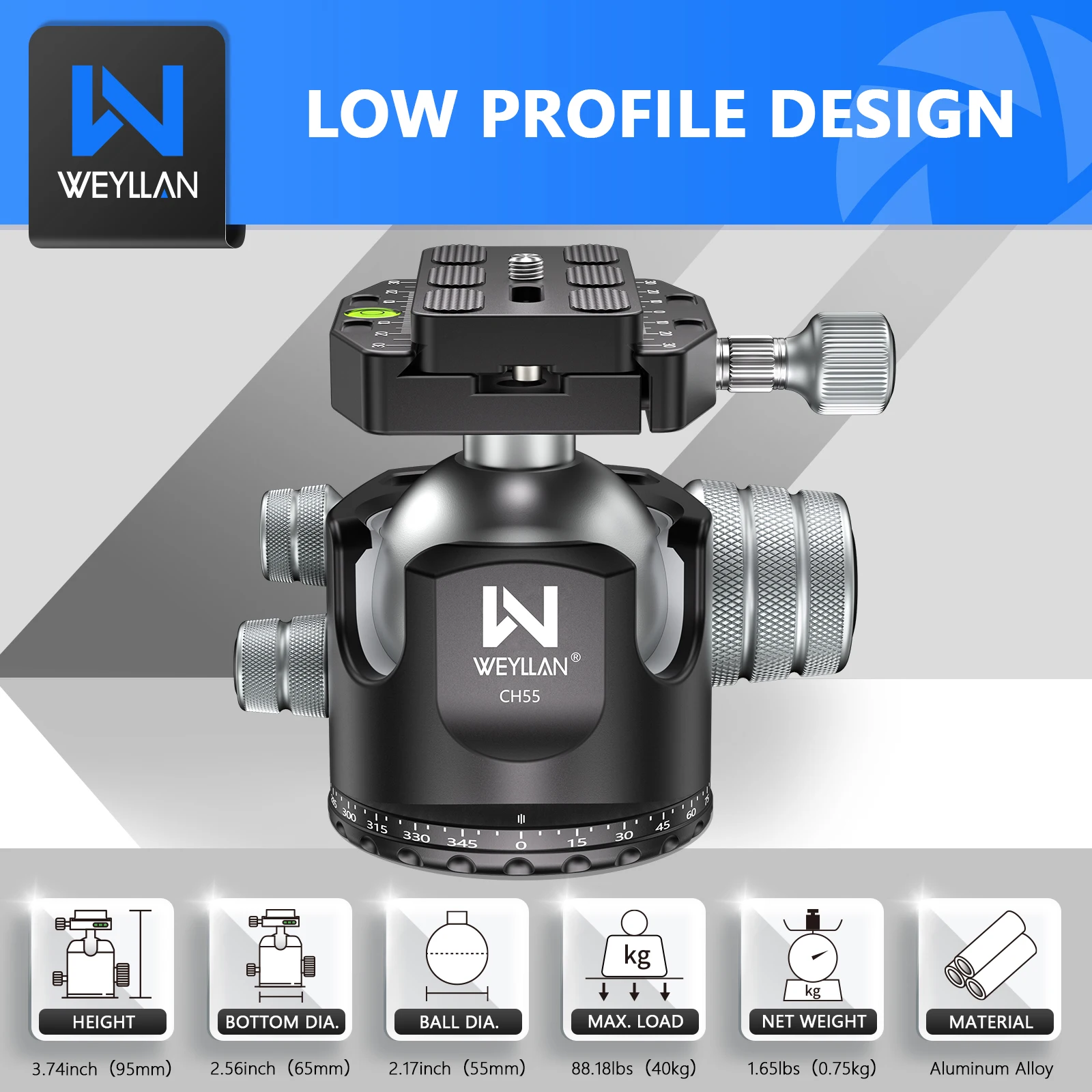 Weyllan Professional 55mm Big Tripod Head High Quality CNC Metal Low Profile 360 Degree Ball Head for Heavy Duty Tripod