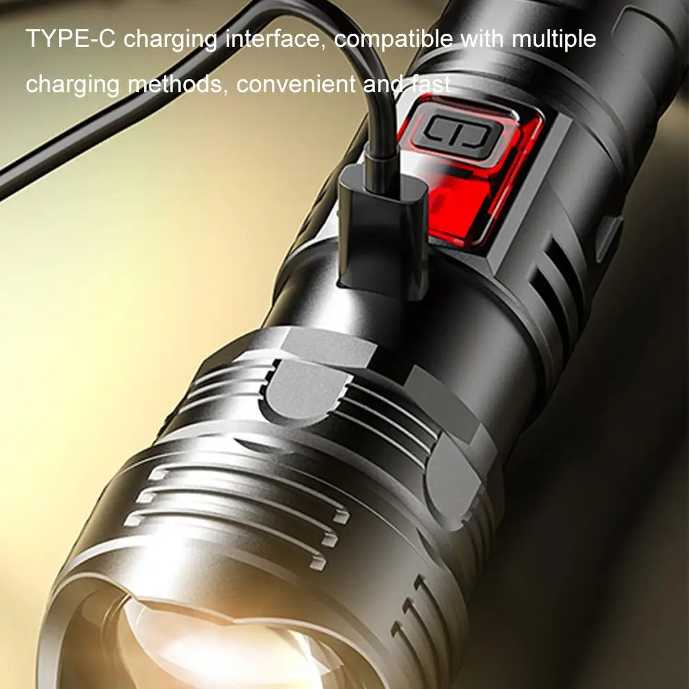 LED Flashlight Super Bright Rechargeable Portable Ultra Power Torch Lamp Retractable Digital Zoom Hand Light For Camping Outdoor