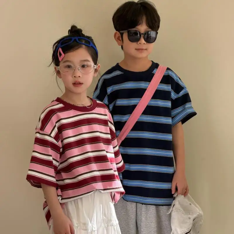 

2026 Spring New Children Loose Striped T Shirts Cotton Boys Girls Bottoming Shirts Toddler Long Sleeve Casual Tops Kids Clothes