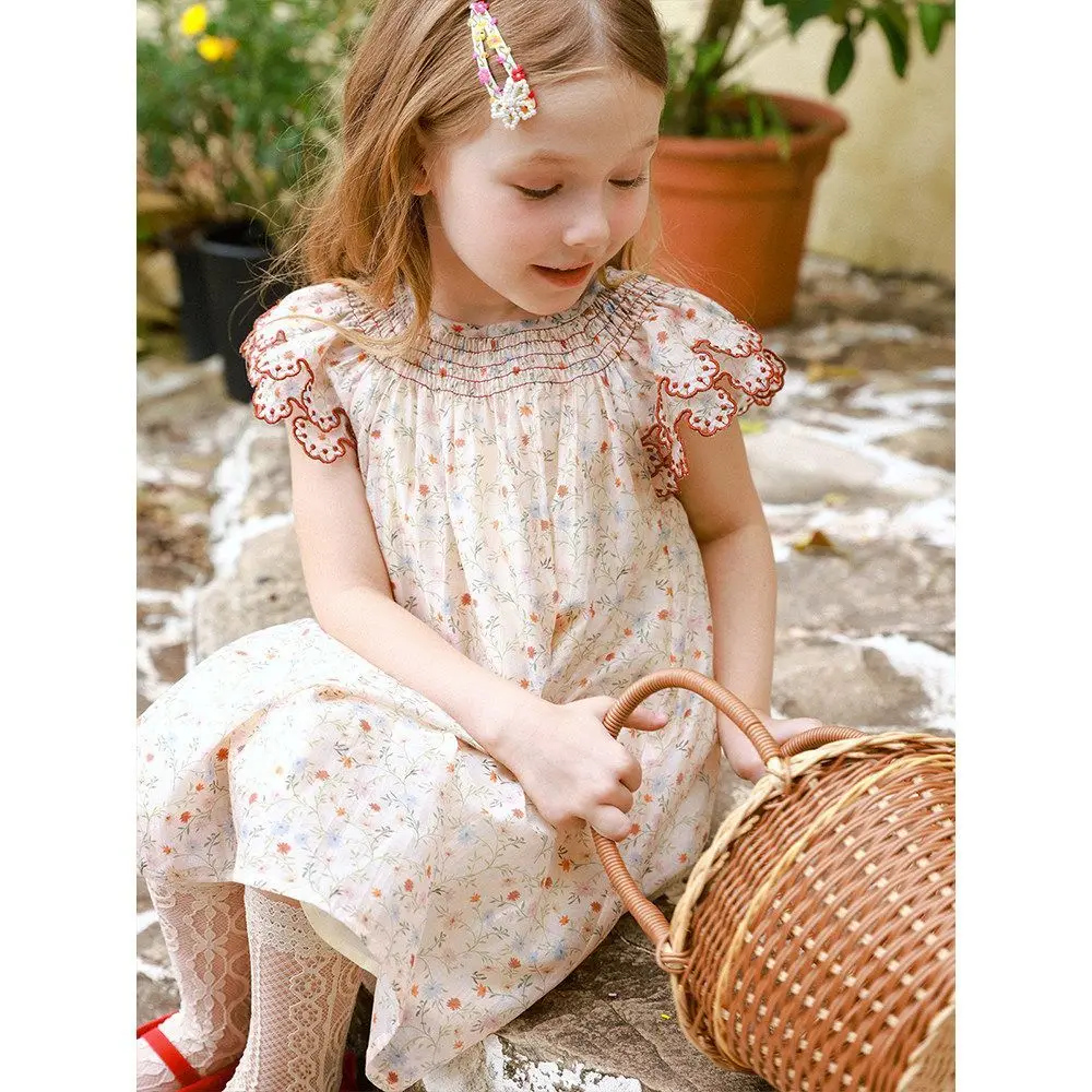 Kids Girl Sweet Floral Dress Short Flutter Sleeves with Embroidered Trim Bohemian Style Comfortable Casual Sundress for Toddlers