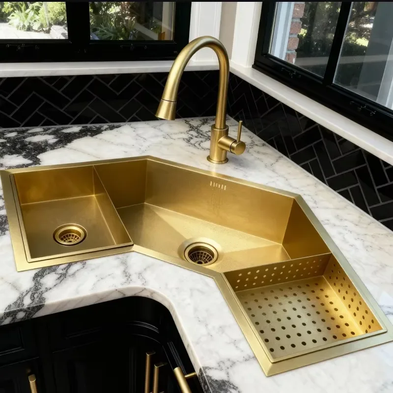 Luxury Custom Handmade Single Slot L Shaped Corner Kitchen Sink Solid Brass Building Grade Villa Under Counter Sink
