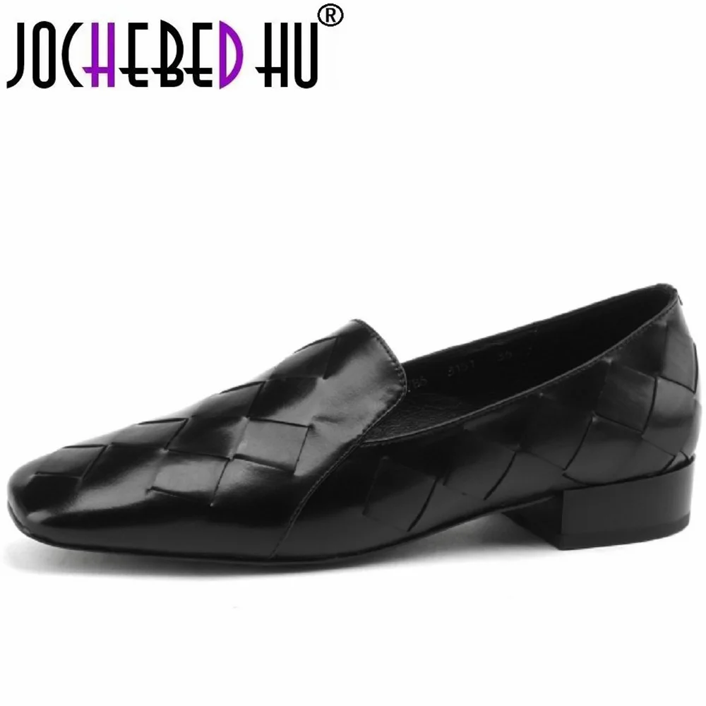 

【JOCHEBED HU】Handmade Genuine Leather Square Toe Women Shallow Flats Weaved Design Dress Single Shoes Chaussure Femme 34-40
