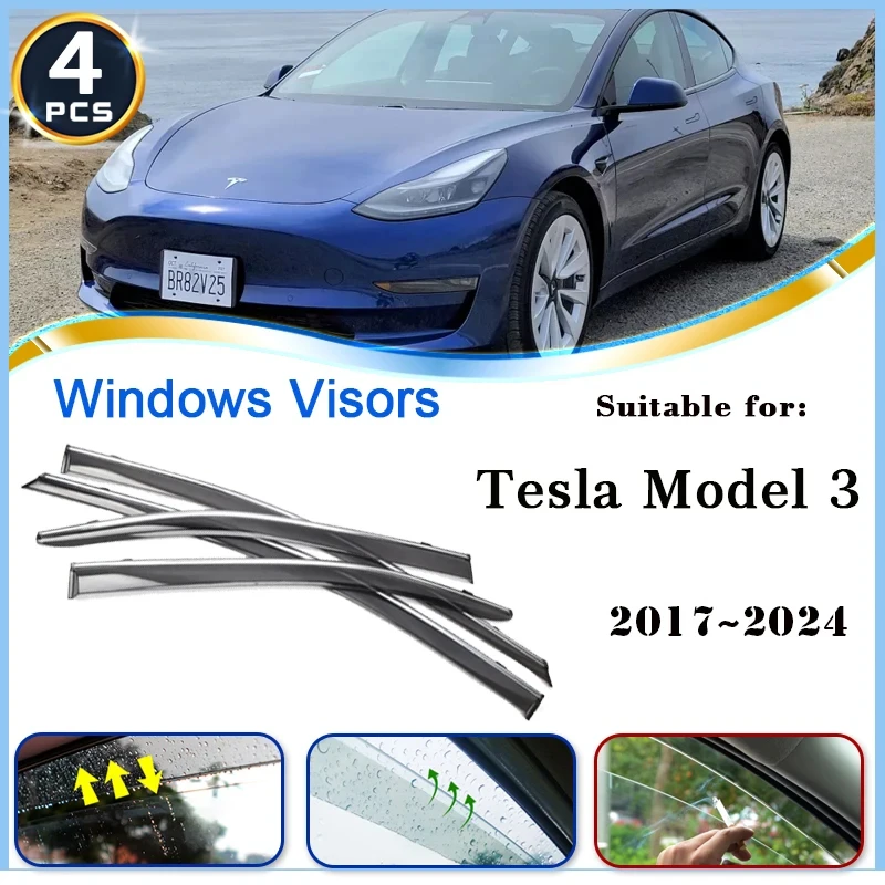 

Ветровые экраны для Tesla Model 3 2018 ~ 2023 2021 2022 2020, аксессуары, дефлекторы, шило, отделка автомобиля, оконные козырьки, защита от дождя и бровей