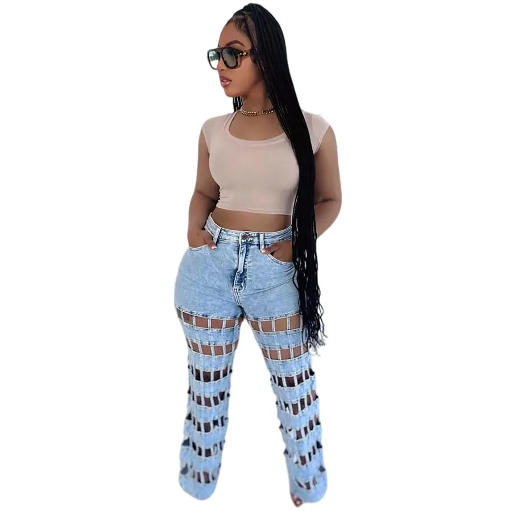 2025 nouveau Style femmes déchiré trous jean Streetwear mode creux taille haute pantalon en Denim droit jean décontracté été