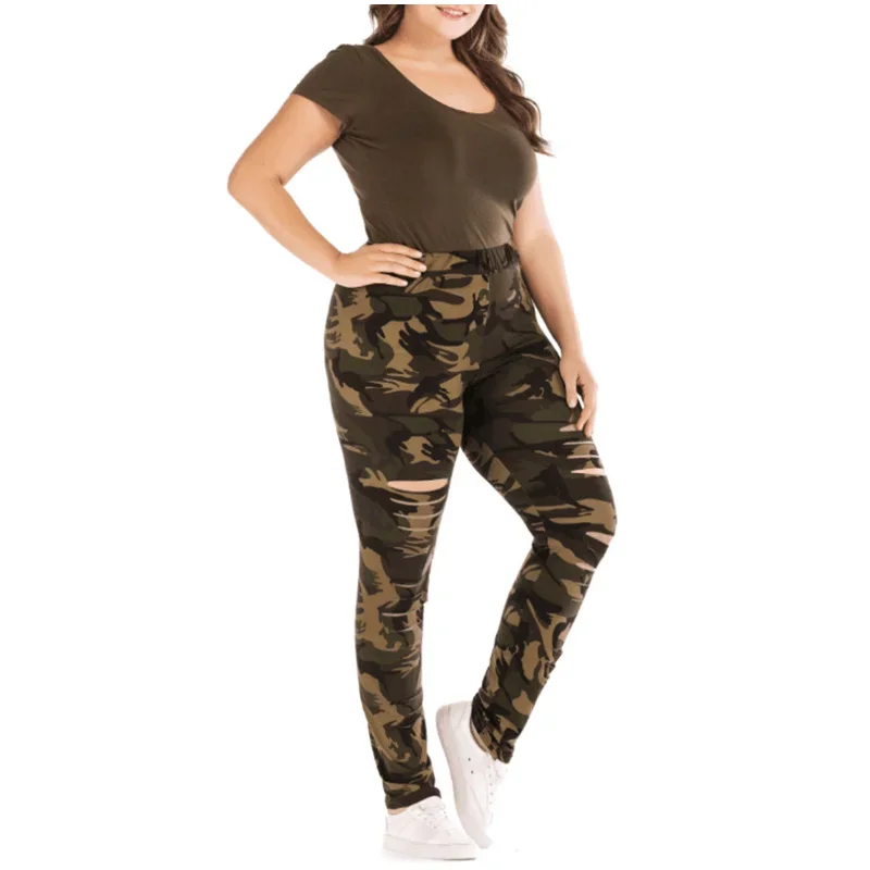 Plus Size Rách Lỗ Ngụy Trang In Độ Đàn Hồi Quần Legging 4Xl 5Xl Cao Cấp Giảm Béo Thể Dục Quần Legging Dài Cho Nữ