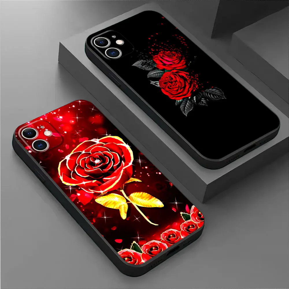 TPU Soft Phone Case for Apple iPhone 11 15 Pro Max 8 Plus 13 Pro XR 12 Mini 14 SE XS X Bag Back Bright Red Rose Flowers Cover 