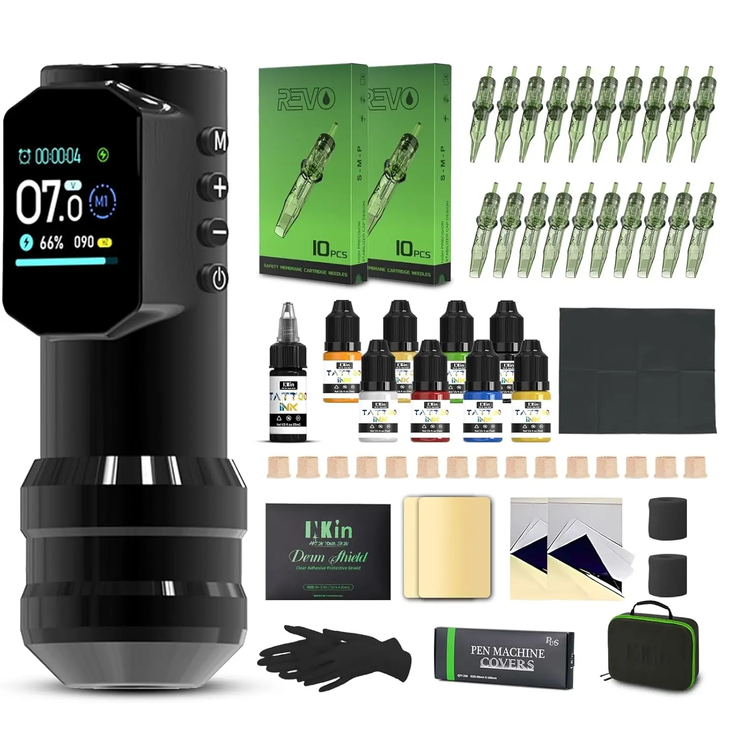 

Tattoo Kits Wireless Tattoo Short Pen 1500 mAh Battery 4.0 mm Stroke 20pcs REVO Cartridge Tattoo Needles Tattoo Inks