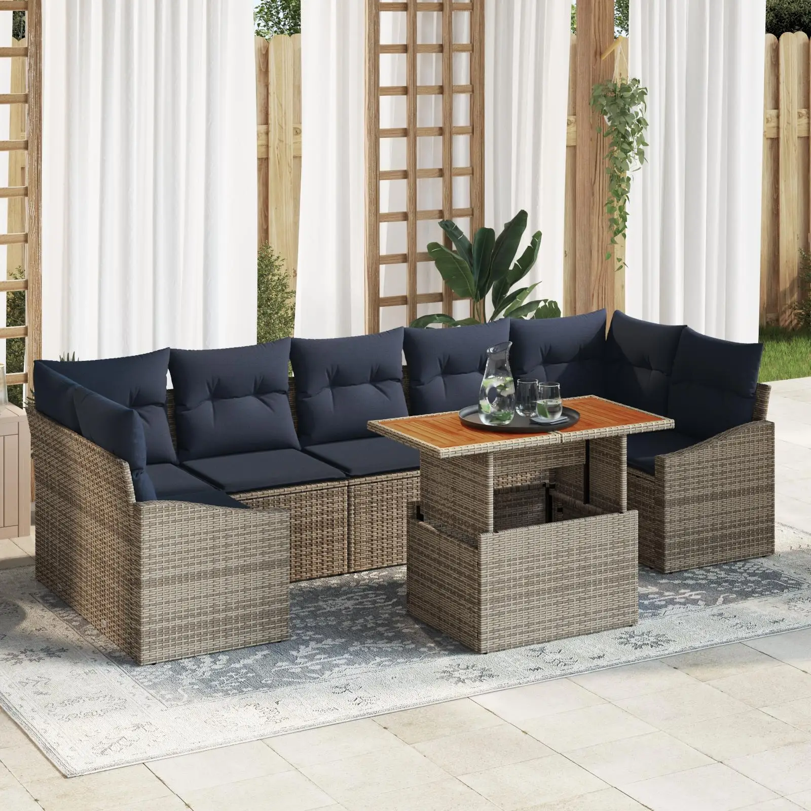 

8 Piece Grey Poly Rattan Garden Sofa Set with Cushions Acacia Wood Outdoor Furniture
