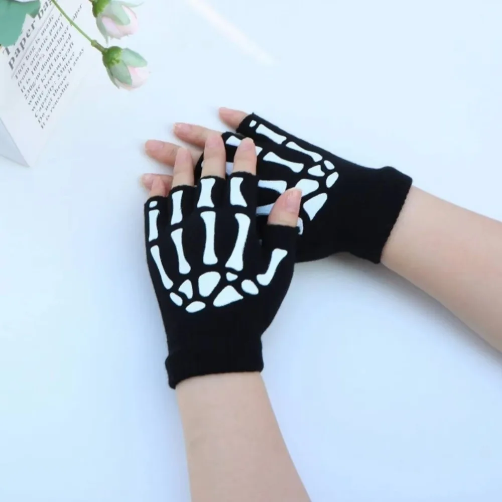 Black Punk Skeleton Gloves Knitted Ghost Claw Skull Half Finger Gloves Thicken Stretch Halloween Skeleton Gloves Moto Riding