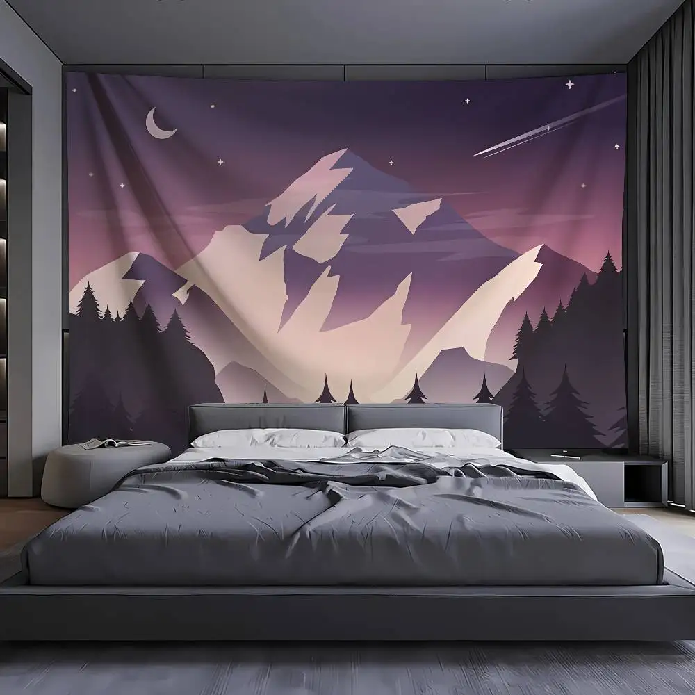Minimalist Mountain Starry Night Tapestry, Pastel Purple Pink Crescent Moon Forest Landscape Wall Hanging for Living Room Decor
