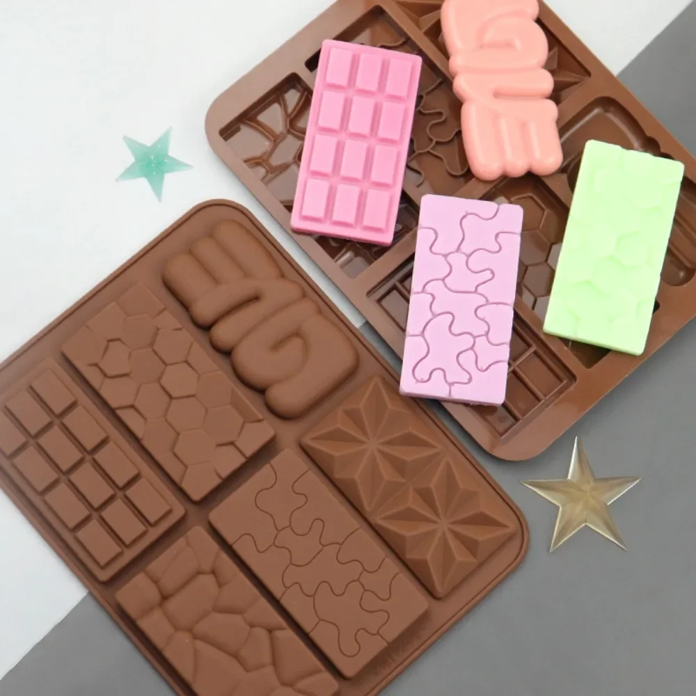 6 Holes Square Picture Puzzle Chocolate Baking Tools Relief Snowflake Biscuit Silicone Moulds Stripe Geometry Soap Candle Molds