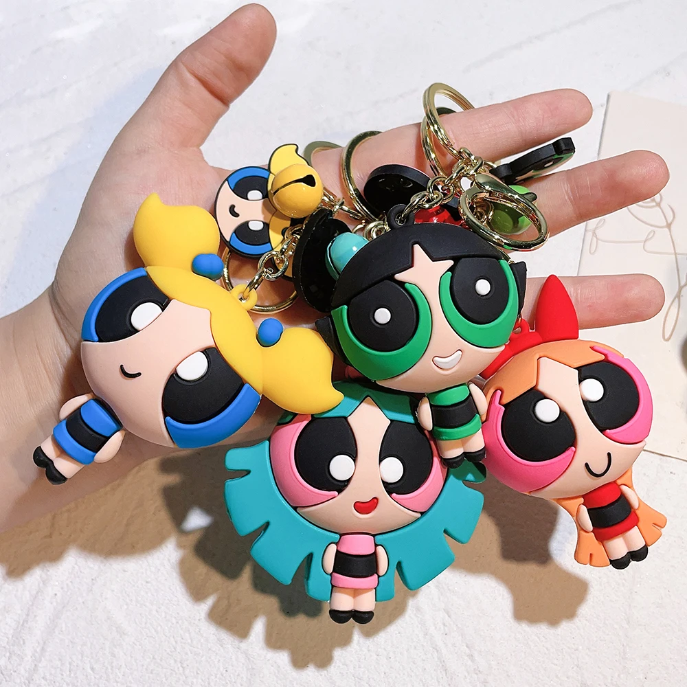 The Powerpuff Girls Creative Keychain for Women Men Fans Cartoon Cute Silicone Doll Pendant Keyring Gifts Keys Holder