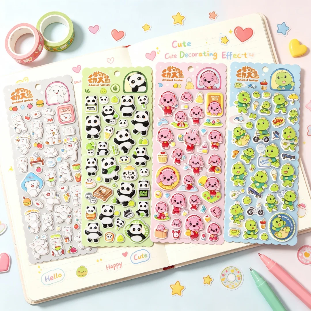 4 Sheets Cute Animal 3D Puffy Stickers, Kawaii Panda Dinosaur Cartoon Bubble Stickers, Kids DIY Craft Decor Stickers