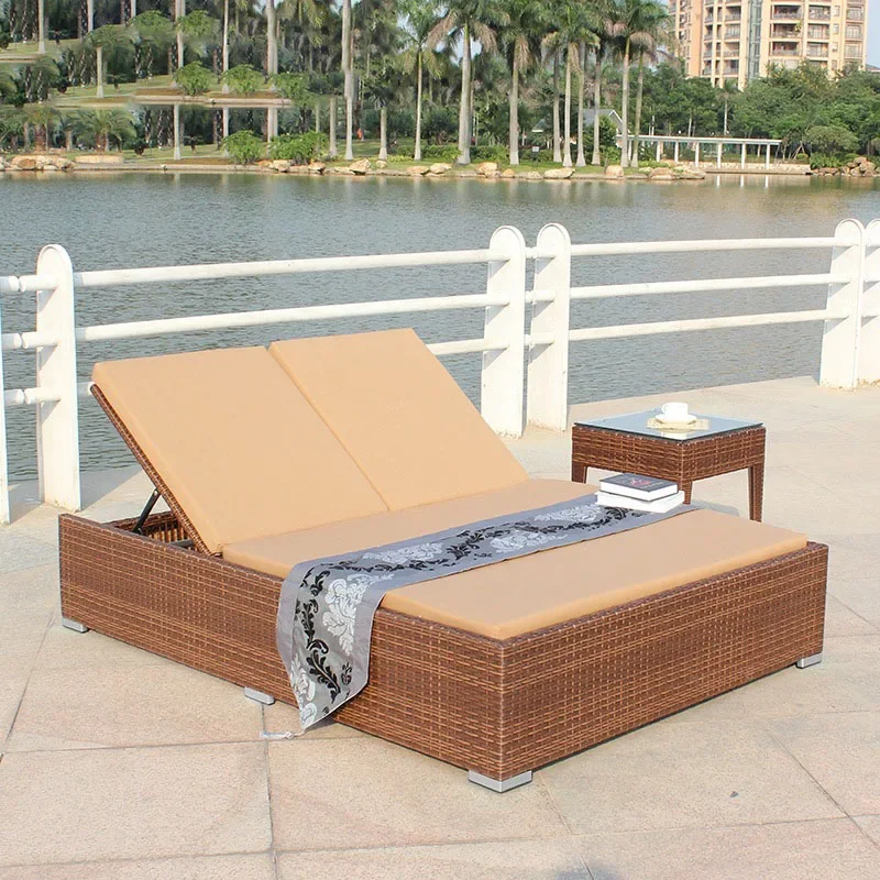 New Design Outdoor Furniture Double Rattan Recliner Swimming Pool Recliner Beach Garden Bed