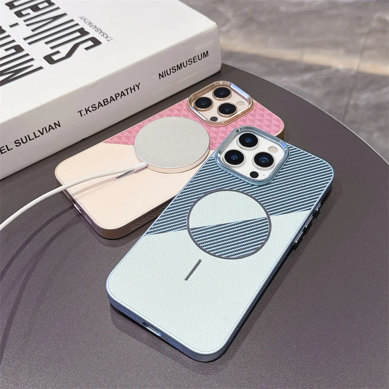 Fashion Fiber Texture PU Leather Magsafe Phone Case For iPhone 17 Pro Max 13 14 15 16 Pro Max Wireless Charging Shockproof Cover