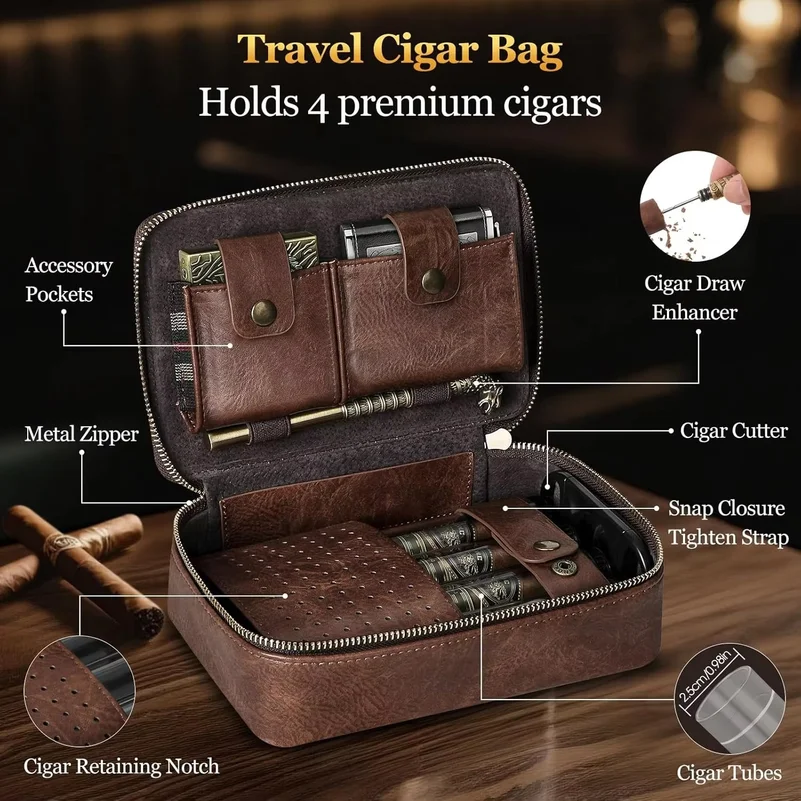 Cigar Humidor, Portable Leather Travel Cigar Case, With Cigar Draw Enhancer and Multifunction Cigar Cutter, Gift Set