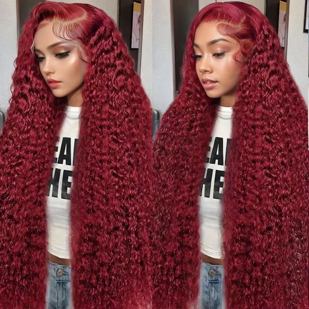 99J Burgundy Deep wave Lace Front Human Hair Red Colored 13x4 13x6 HD Lace Frontal Wigs For Women 200 Density Curly Wave Hair