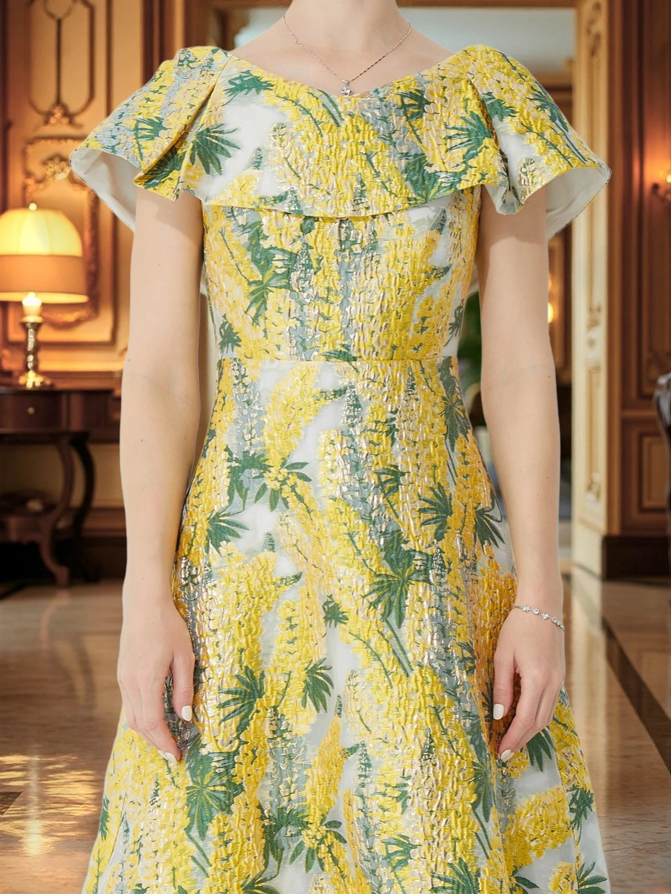 Vestido Jacquard con Adornos Franceses para Mujer, Vestido Midi Ajustado a la Cintura con Jacquard 3D, Perfecto para Banquetes