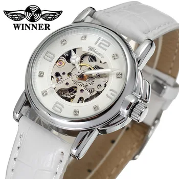 Fashion winner top brand women&#x27;s fashion and casual small fully automatic mechanical skeleton leather wrist watches