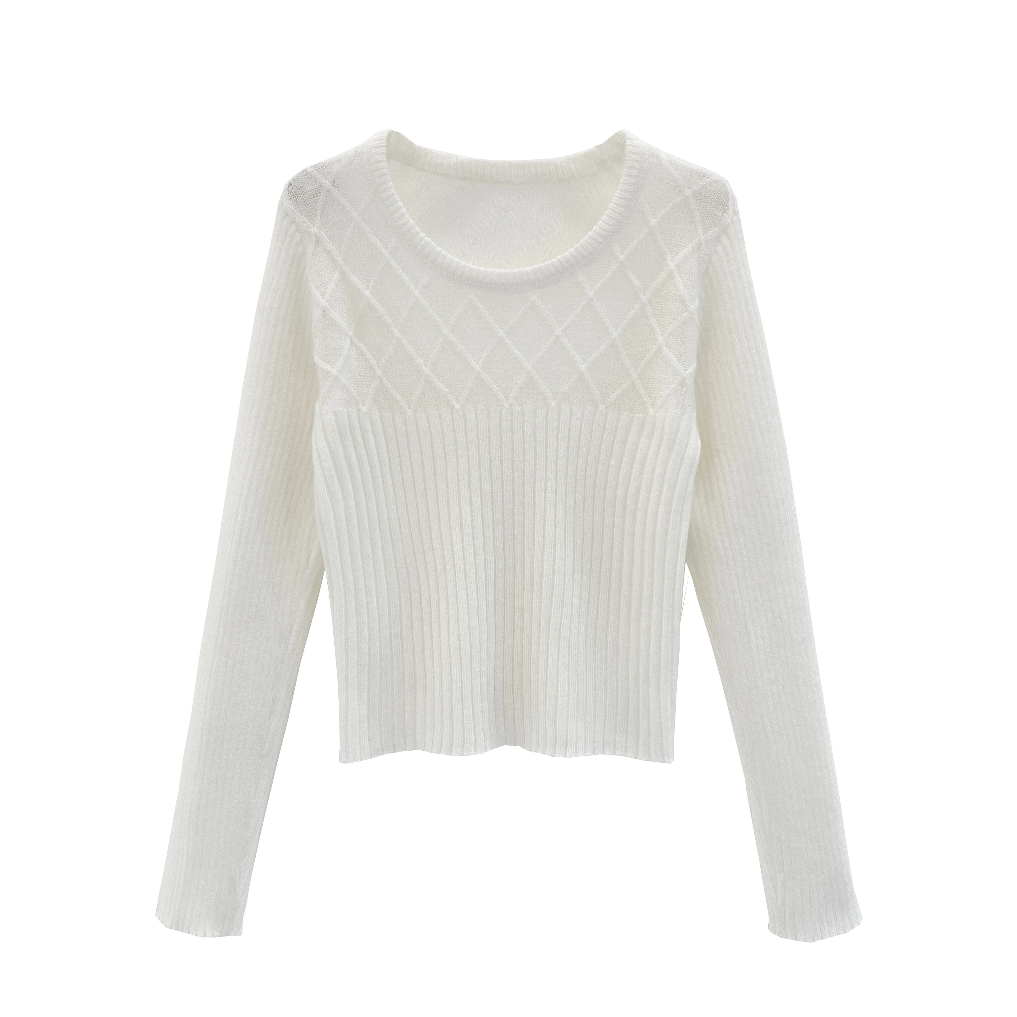 Hoge kwaliteit witte wollen gebreide basislaagtop met lange mouwen voor dameskleding