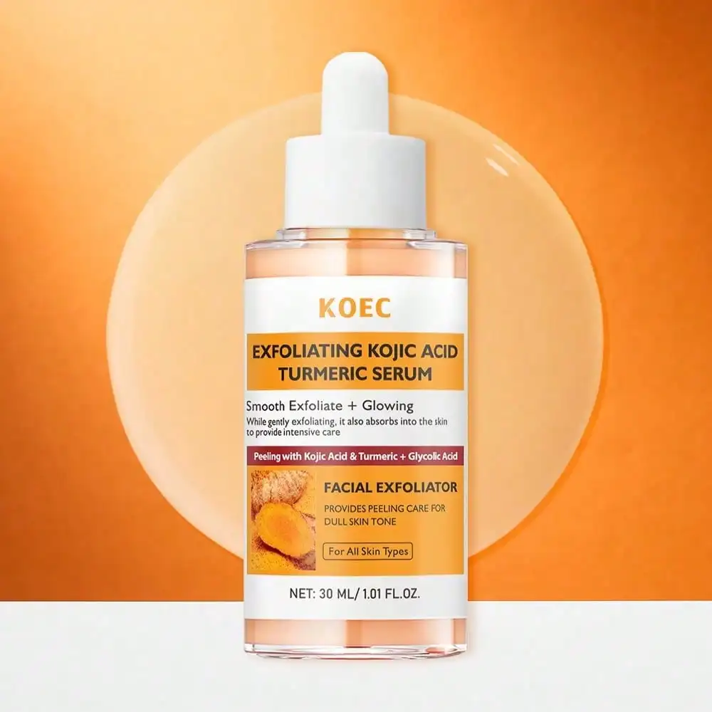 KOEC Exfoliating Kojic Acid Turmeric Facial Serum with Glycolic Acid regulates excess sebum production, washes away pore buildup, delivers deep hydration to prevent tight dryness post exfoliation.