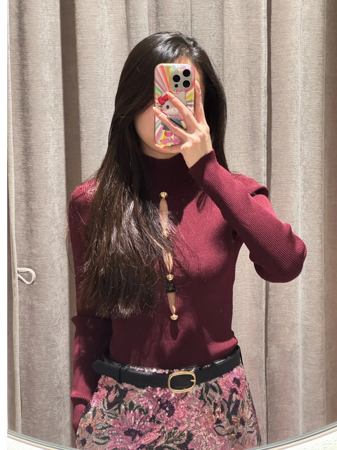 

Early Spring Wine Red Hollow out Slim Fit Long Sve Knitted Sweater HEIDD SP2026 Ele Sle Polyester Fiber Women's Top
