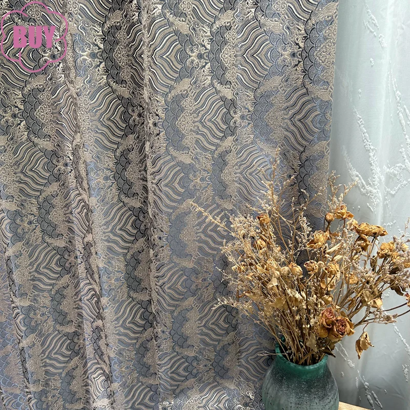 

New Chinese Style High-grade Cloud Sea Tide Pattern Gold Thread Jacquard Blackout Curtains for Living Room Bedroom French Window