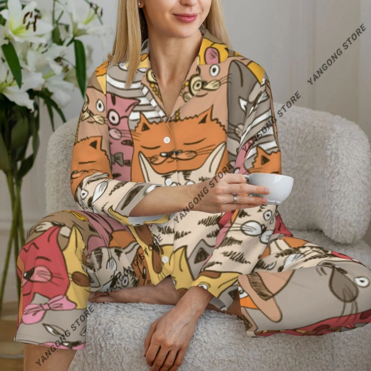 

Spring and Autumn Long Sleeve Pants Pajamas Loungewear Set Psychedelic Funny Cats Women's Pull Edge Loose Sleeping Suit
