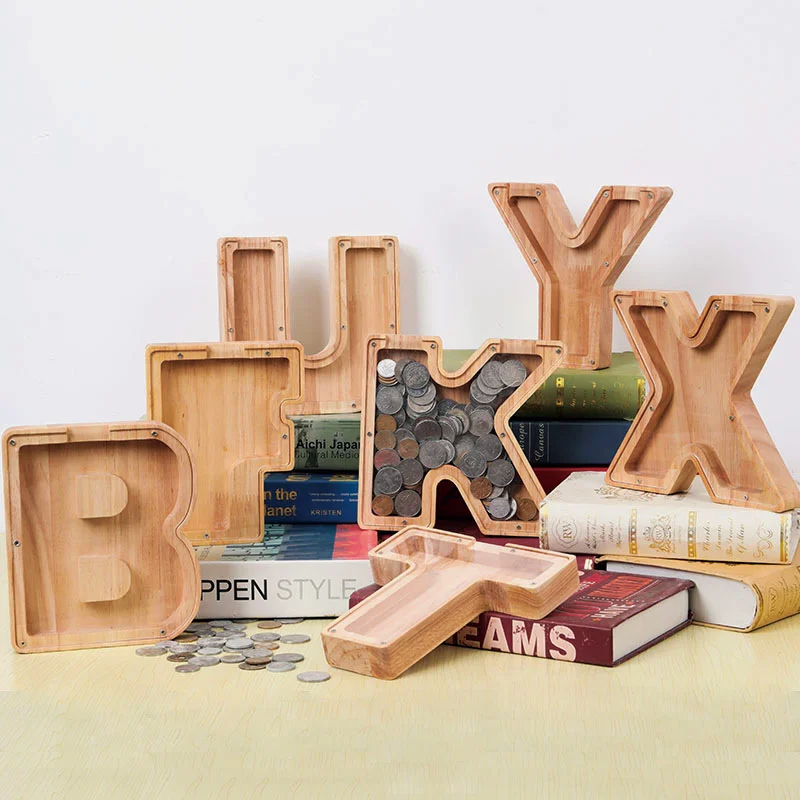 Personalized 26 Letter Wooden Piggy Bank Alphabet  Shaped Money Box Coin Saving Home Decor