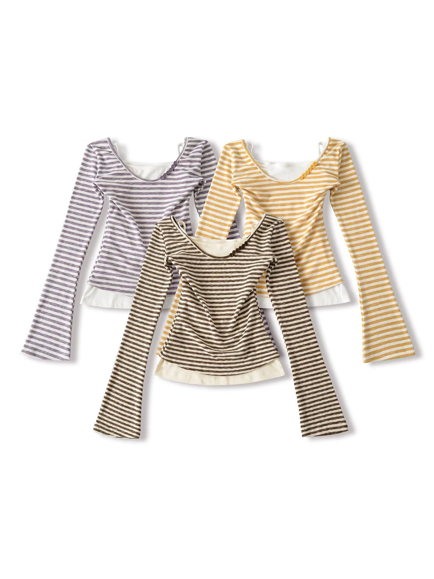 Women's Coffee Striped Long Sleeve T-shirt Vintage Aesthetic Y2K Gyaru Tee Top Slim Fit Cropped T-shirt for Women Spring Autumn