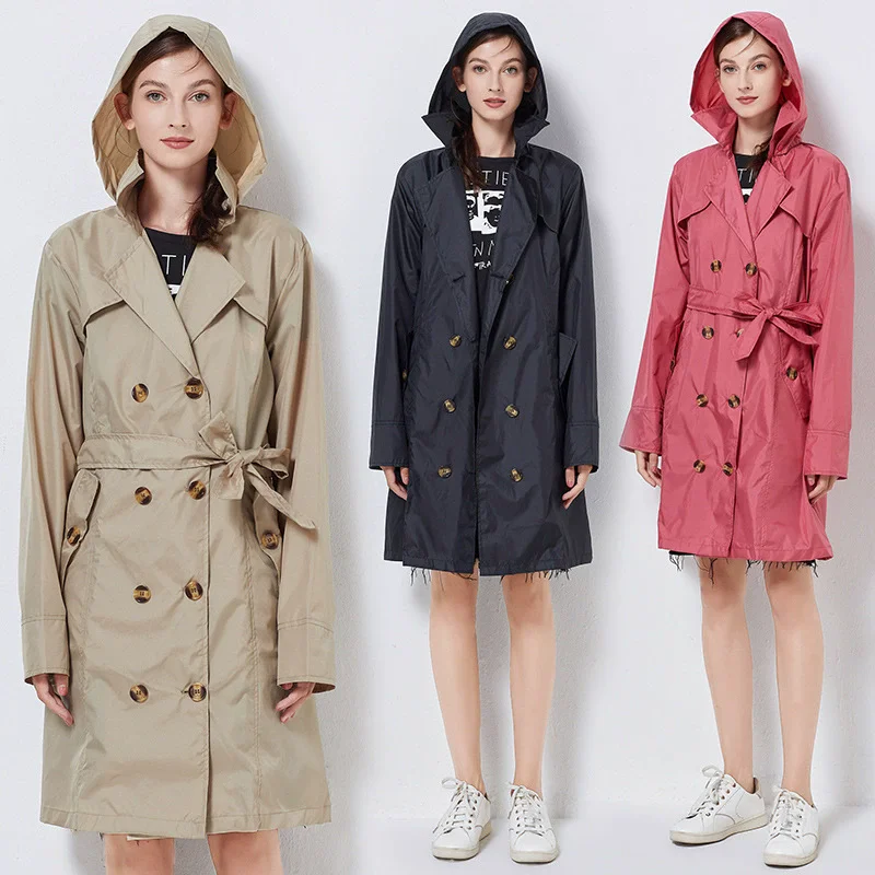 

Fashion Women Thin Raincoat Poncho Ladies Waterproof Long Slim Raincoats Adults Outdoor Hiking Windproof Rain Coat With Belt