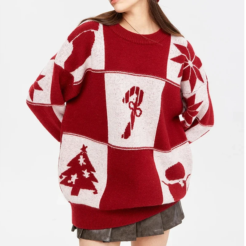 HeyHenry European and American autumn and winter Christmas pattern jacquard round neck contrasting loose couple sweater ins knit