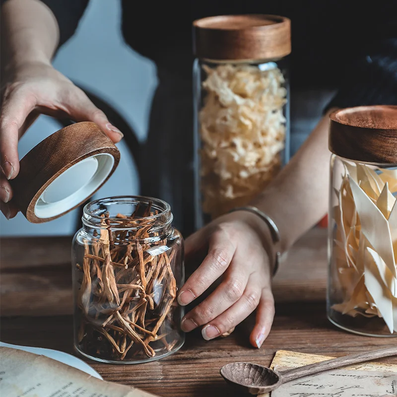 

Spiral Glass Storage Jar Acacia Wood Lid Sealed Jar Kitchen Grains Storage Bottle High Borosilicate Coffee Bean Jar