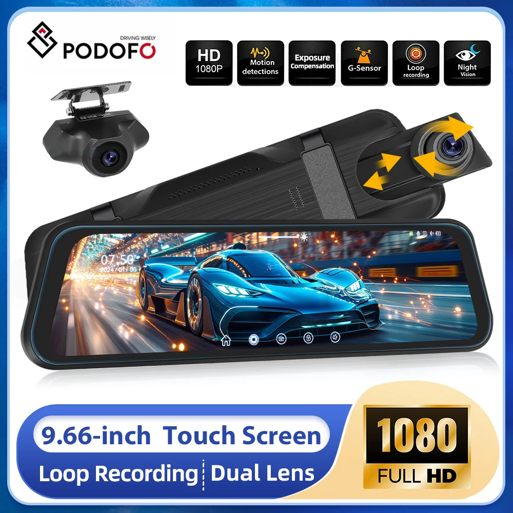 

Podofo 9.66 Inch Full Screen Rearview Dash Cam 1080P Mirror Car Recorder Stream Media Car DVR Video Recorder Registrar