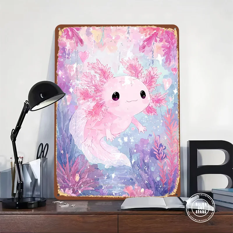 Pink Axolotl Watercolor Style Tin Plaque Poster Customized Wall Art Retro Vintage Metal Signs for Room Desk Decor House Home