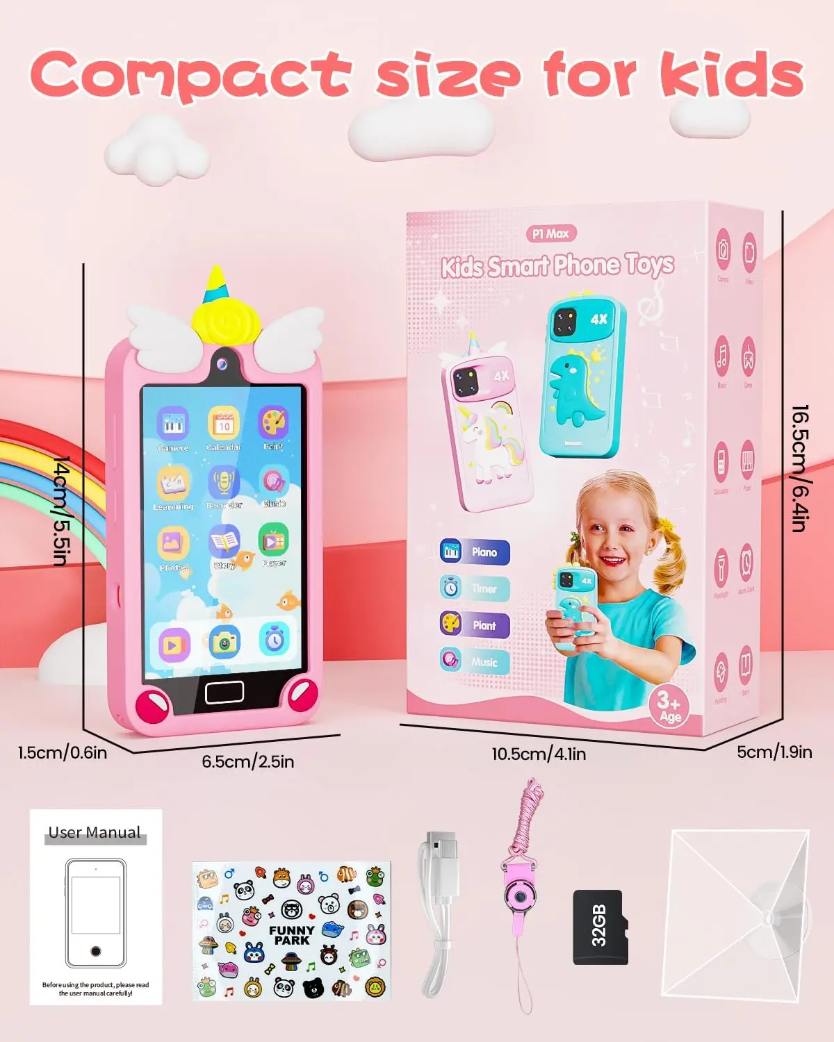 Kinder-Smartphone mit großem 4-Zoll-Touchscreen, 32G-Karte, Weihnachtsgeschenke, Kinderspielzeug, holografischem Pyramdual, Objektivtelefon, Musikplayer