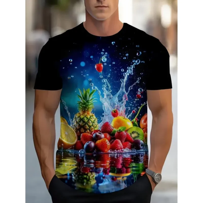 Men 3D Print Fruit Splash T Shirt Short Sleeve Quick Dry Breathable Sport Casual Street Fashion Y2K Top for Summer Daily Wear