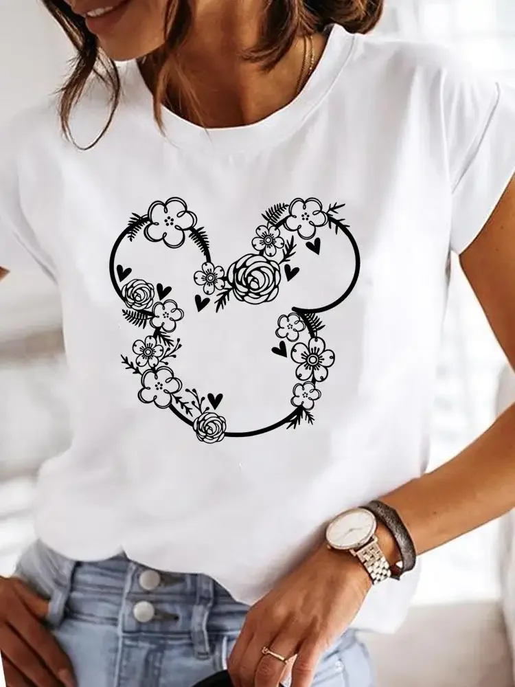 Mickey Mouse Lady Casual Graphic Women T-shirts Cartoon Top Y2K Sweet 90s Cute Clothing Tee Female Printed Fashion Clothes