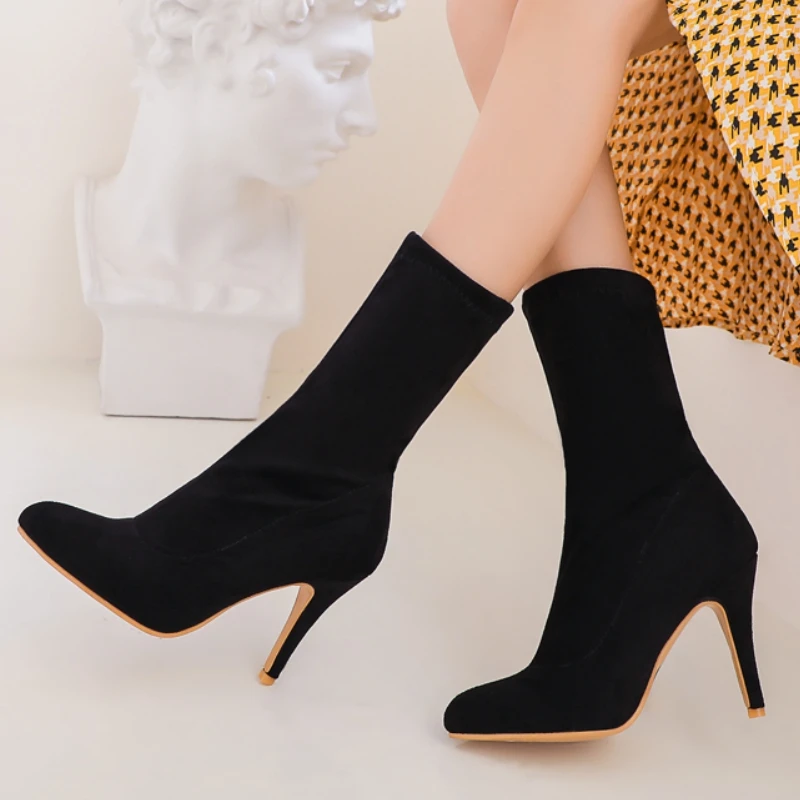 Women's Ankle Boot Elegant Flock Yellow Red Black Pink Sock Yellow Boot Slim Elastic Dance Fetish Party Shoes Lady Big Size 45