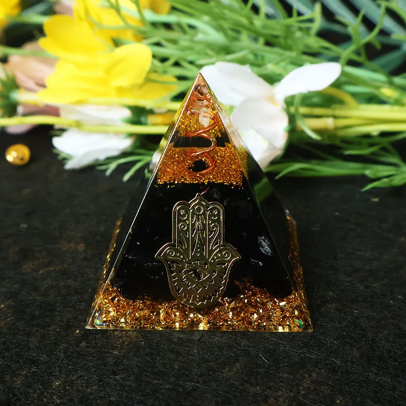 Picture 5: Hamsa Hand Resin Crystal Pyramid Black Obsidian Orgonite Pyramid Energy Meditation Blessing Home Office Judaica Protection Gift