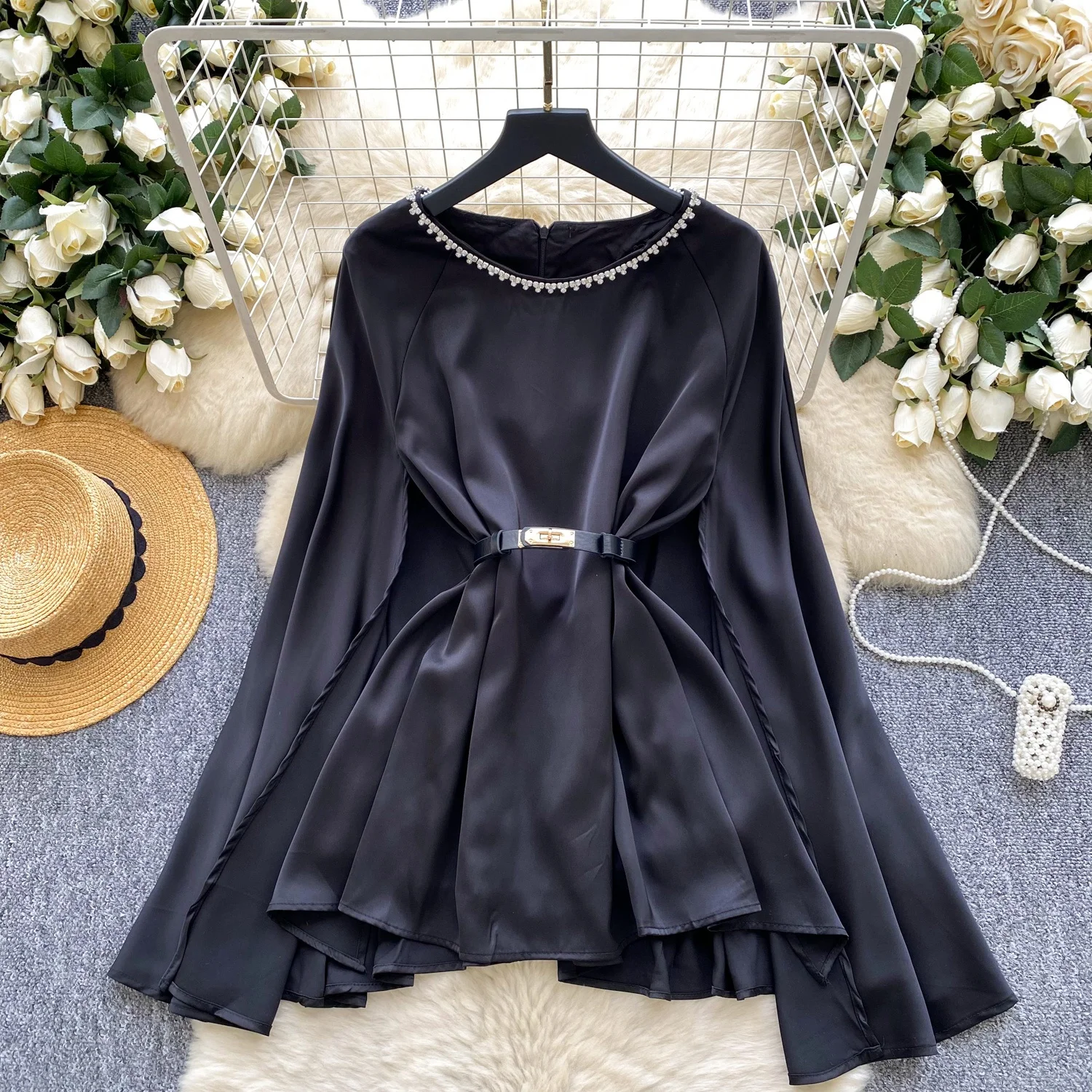 

Clothland Women Stylish Beaded Blouse Cape Style Belt Loose Shirt Overized White Black Fashion Tops Mujer LB340