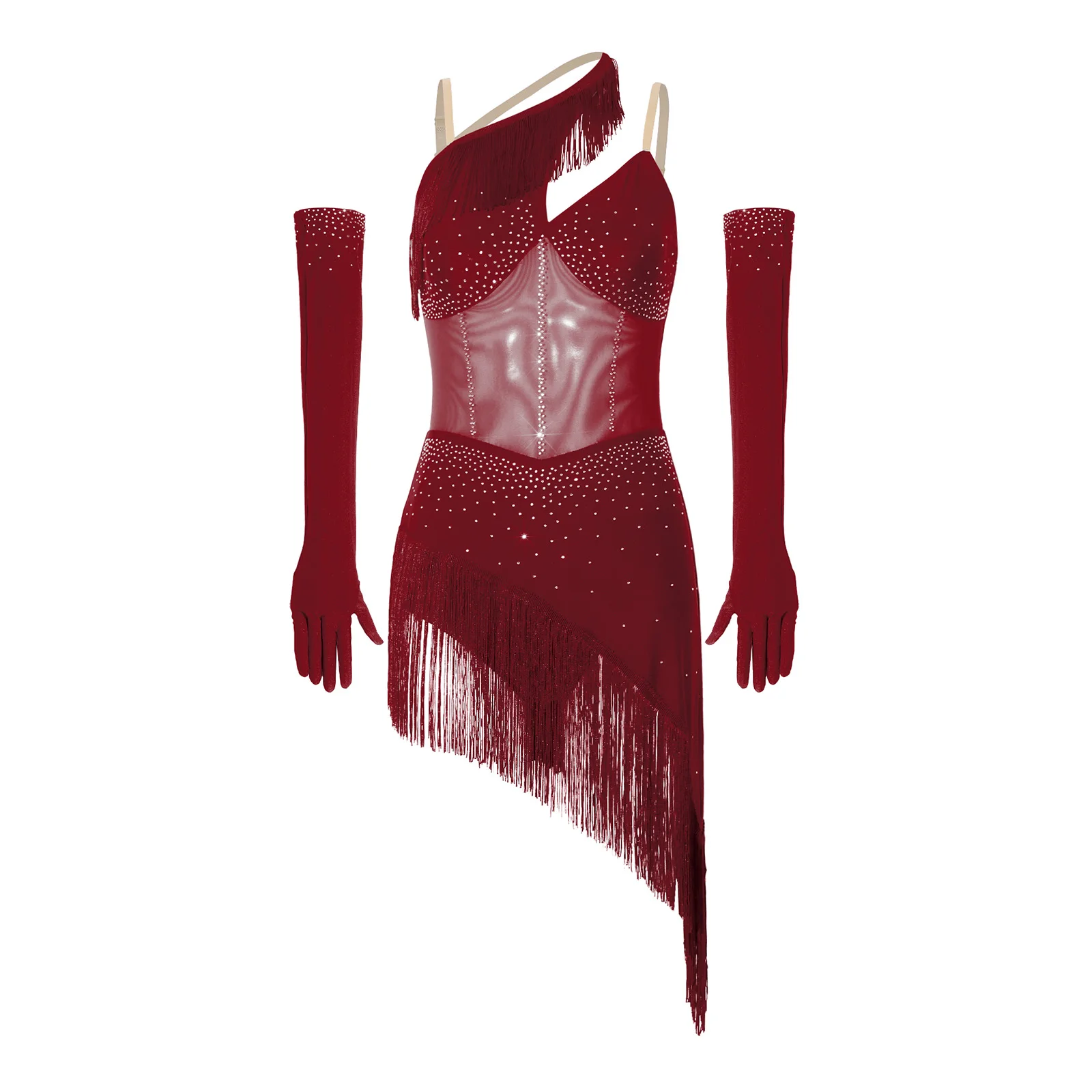 Damen Latin Samba Cha Cha Tanzkleid mit Strass-Mesh-Fransen, Asymmetrischem Rock und Langen Handschuhen, Wettbewerbs- und Aufführungskostüm – Detail 11
