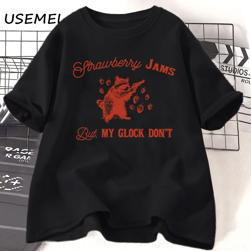 

Strawberry Jams But My Glock Do Not Vintage Graphic T Shirts Retro 90s Raccoon Bear Meme T-shirt Women Men Cotton O Neck Tees