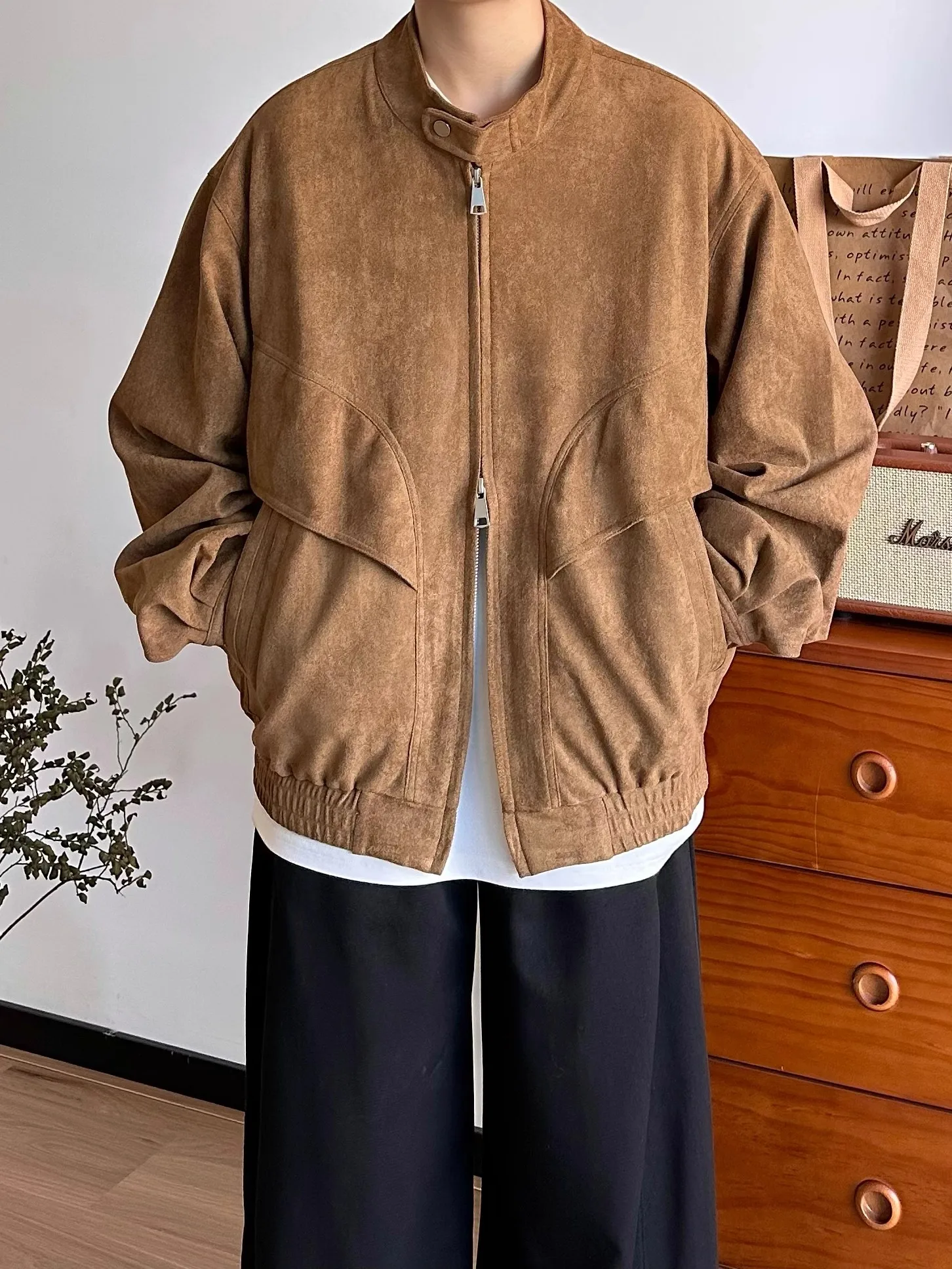 

Retro Japanese Sle Men's Jaet Loose Fit Stand Collar Workwear Outerwear Velvet Material Quali Crtsmanip Long Sve