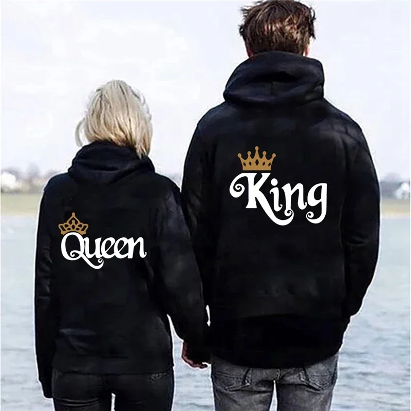 

King Queen Printed Lover Tops Streatwear Hooded Sweatshirt Men/Women Autumn Winter Clothing Casual Pullover Hoodies