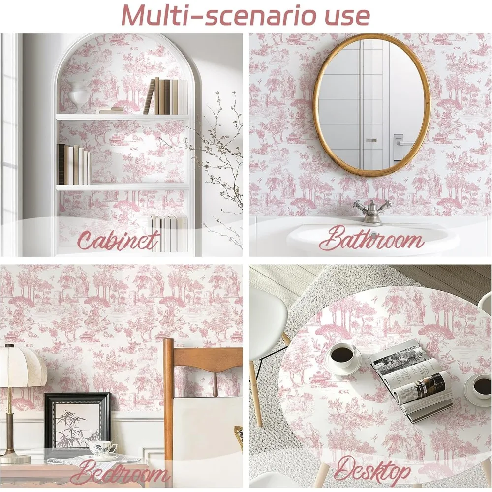 ورق جدران قابل للتقشير واللصق من تويلي فرنسي عتيق، وردي وأبيض، 17.7 × 590، ورق اتصال كلاسيكي للجدران