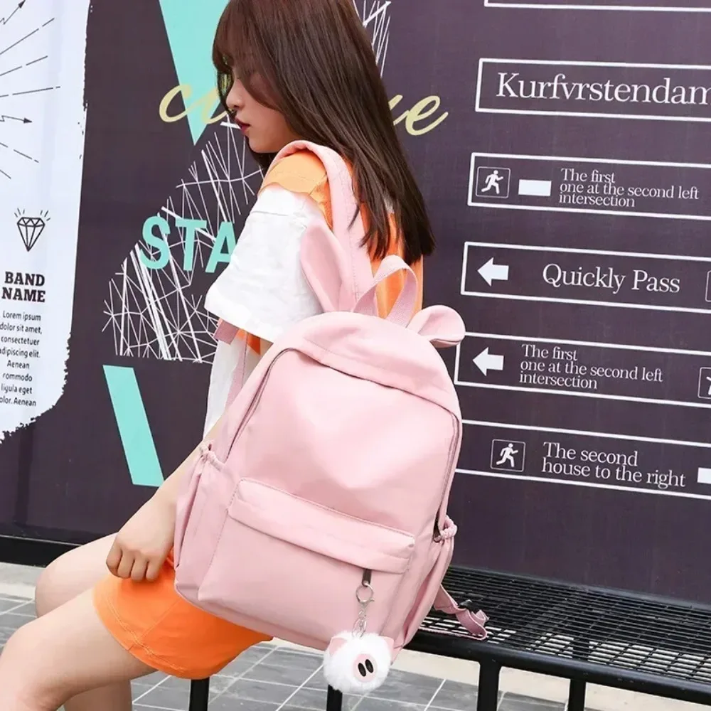 

Pink Color Teen School Bag For Girls Backpack Women Bookbags Middle Student Schoolbag Large Black Cute Rabbit Ears Nylon Bagpack