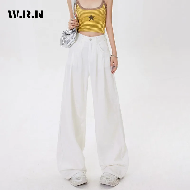 

Women's Y2K 2000s Baggy Solid Color Denim Trouser Washed Vintage Casual Pants Female Elegant Retro High Waist White Basics Jeans