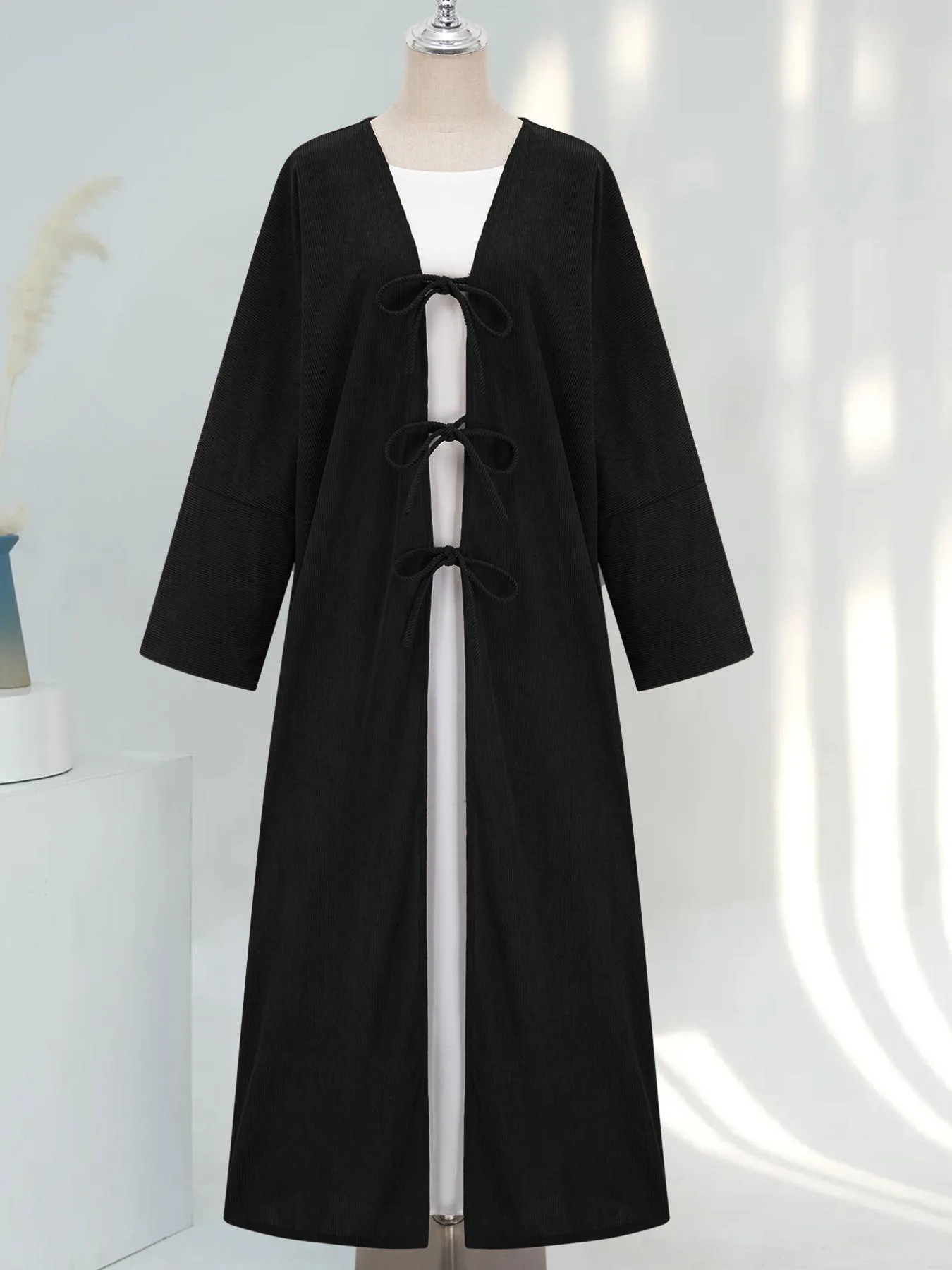 Eid Women Dresses Abayas Corduroy Cardigan Robe Lace Up Jalabiya Muslim Ramadan Morocco Dubai Kaftan Vestidos Autumn Winter 6